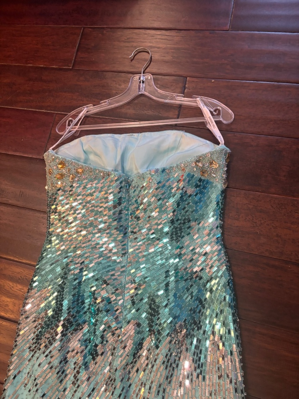 Sherri Hill Mint Sequin Strapless Dress with Gold Jewel Bodice - Picture 5 of 5